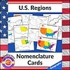 U.S. Regions Nomenclature Cards for Geography Educational U.S. regions of the United States map cards for homeschooling, covering Midwest, South, Northeast, and West regions, ideal for geography lessons.