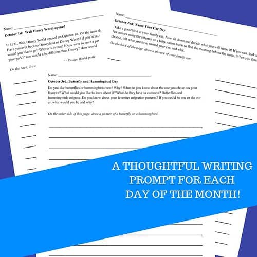 Homeschool writing prompts for October, focusing on creative and reflective writing activities for homeschool students during fall. Perfect for enhancing writing skills with seasonal themes.