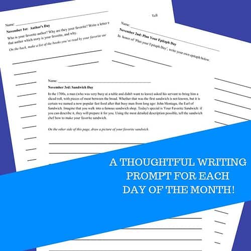 Homeschool writing prompts for November, perfect for engaging students in daily creative writing activities during homeschool lessons.