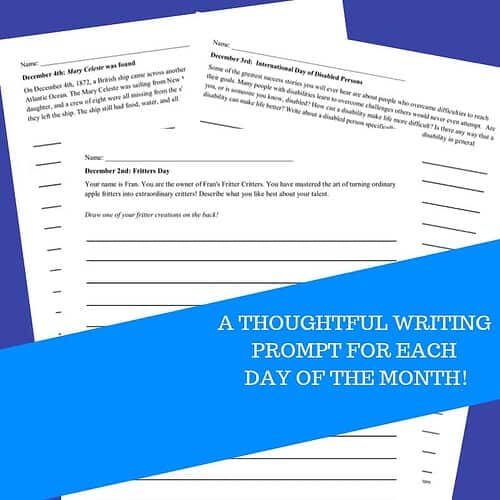 Homeschool December writing prompts journal for daily creative writing practice and skill development.