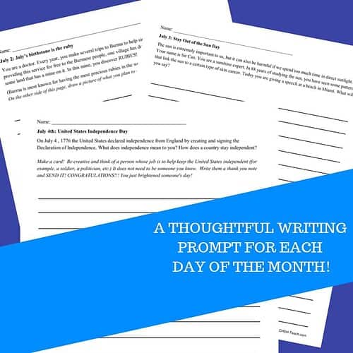 Homeschool July Writing Prompts Journal for daily creative writing practice and educational fun. Perfect for homeschoolers to enhance writing skills each day.