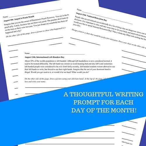 August writing prompts journal for homeschool students, encouraging daily creative writing and reflection for each day of the month.