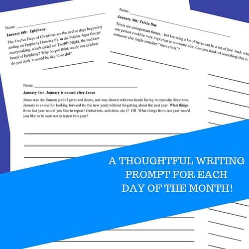 Homeschool January writing prompts journal page for students to practice daily writing and reflection during the month of January.