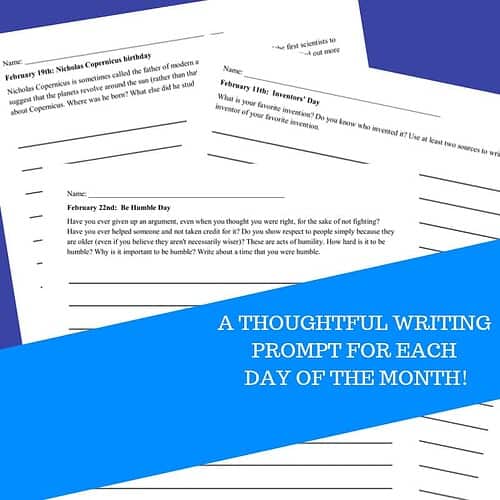 Homeschool writing prompts for February, including themes like Copernicus' birthday and Inventors' Day, designed to inspire student creativity and critical thinking in a homeschool setting.