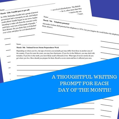 Homeschool resource featuring a March writing prompts journal for students to enhance their writing skills during homeschool lessons.