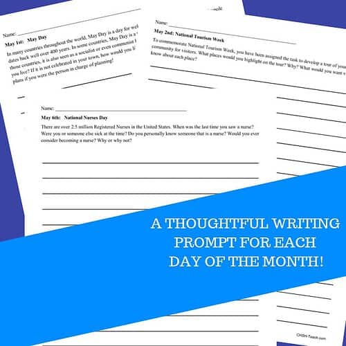 Homeschool writing prompts journal for May with daily themed activities to inspire student creativity and reflection.