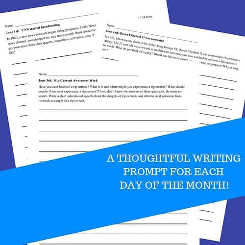 Homeschool writing prompts journal for June, inspiring students to develop their creative and reflective writing skills with daily themed prompts.