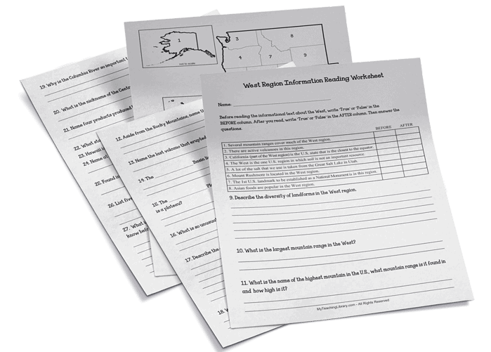 Homeschool Resource Co. - Educational Worksheets Educational geography worksheets for homeschool students focusing on U.S. regions and mountains.