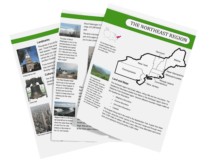 Homeschool Resource Co. Northeast Region Map and Educational Materials Map of the Northeast region showing states like Maine, New Hampshire, Vermont, Massachusetts, Rhode Island, Connecticut, and parts of New York and Pennsylvania, used for homeschooling geography lesson.