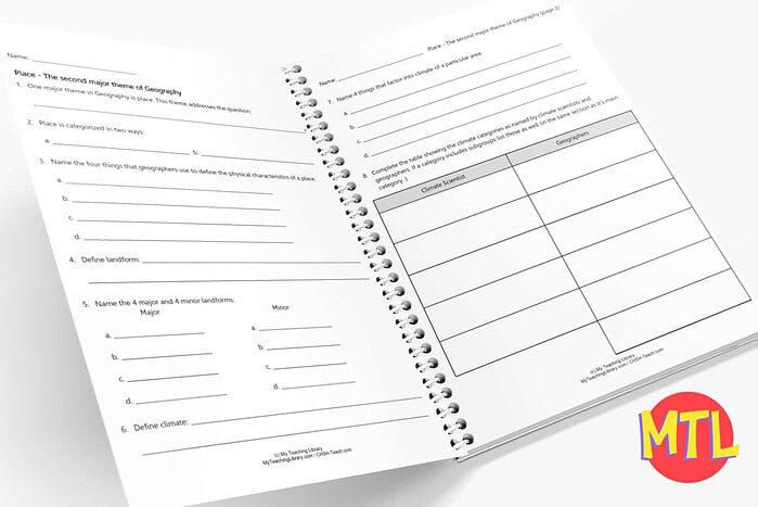 Homeschool Science Notebook Open spiral-bound homeschool science notebook with lined and chart pages for student science activities and notes.