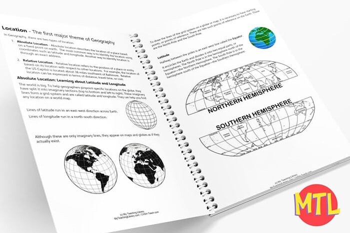 Homeschool Resource Co. - Geography Education Geography textbook open showing world maps and hemispheres, ideal for homeschooling science and social studies.