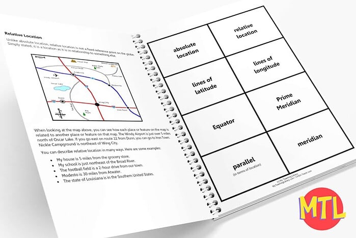 Homeschool Resource Co. - Geography Learning Open geography workbook showing latitude, longitude, equator, prime meridian, and related concepts for homeschool education.