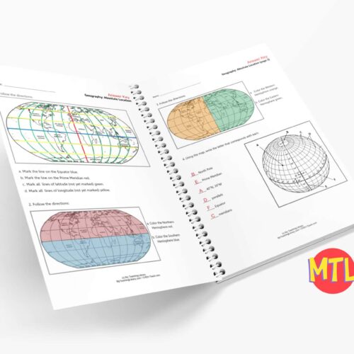 Open geography workbook showing world maps, globe diagrams, and educational activities for homeschool students.