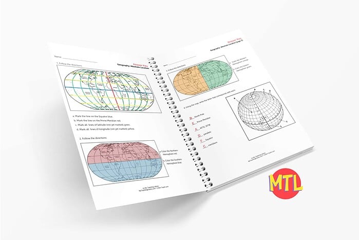 Homeschool Geography Workbook Open geography workbook showing world maps, globe diagrams, and educational activities for homeschool students.