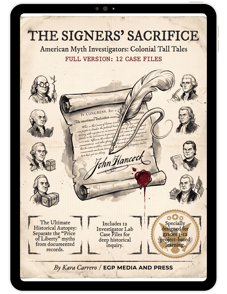 Ancestral signing of a historical document with a feather quill, featuring portraits of signers and a wax seal, promoting homeschool history resources and project-based learning for grades 3-12.