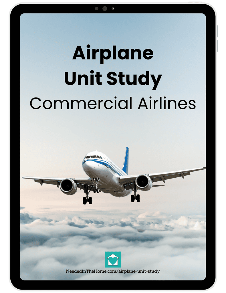 An airplane flying in the sky with clouds below, used for homeschool aviation unit study on commercial airlines.