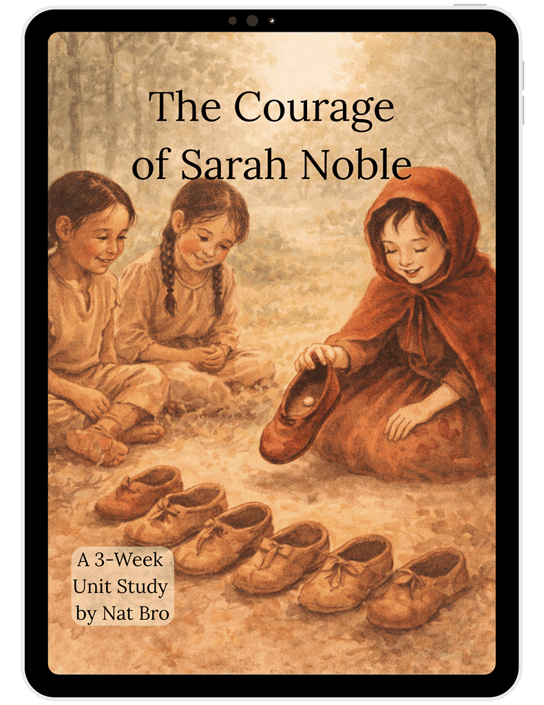 The Courage of Sarah Noble book cover featuring three children sitting outdoors, with one girl dressed in a brown cloak and shoes, illustrating a historical story about bravery and faith.