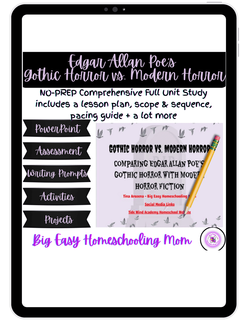 Engaging educational resource for homeschooling, comparing Edgar Allan Poe's Gothic horror and modern horror themes, including lesson plans, assessments, and activities for comprehensive literature st.
