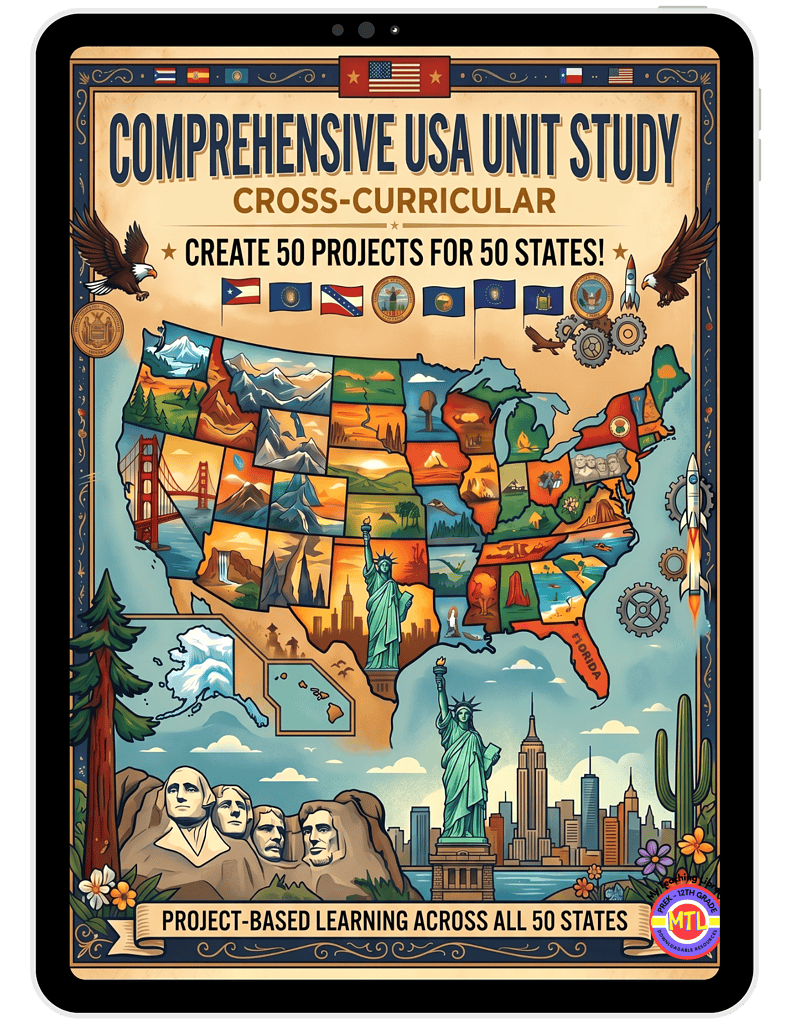USA map illustration featuring iconic landmarks, flags, and symbols representing all 50 states, promoting comprehensive, project-based homeschool curriculum focused on cross-curricular learning and st.