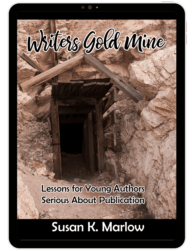 Mining for writing inspiration: an old, abandoned gold mine entrance with wooden supports and rocky surroundings, promoting educational resources for young authors and publication tips from Susan K. M.