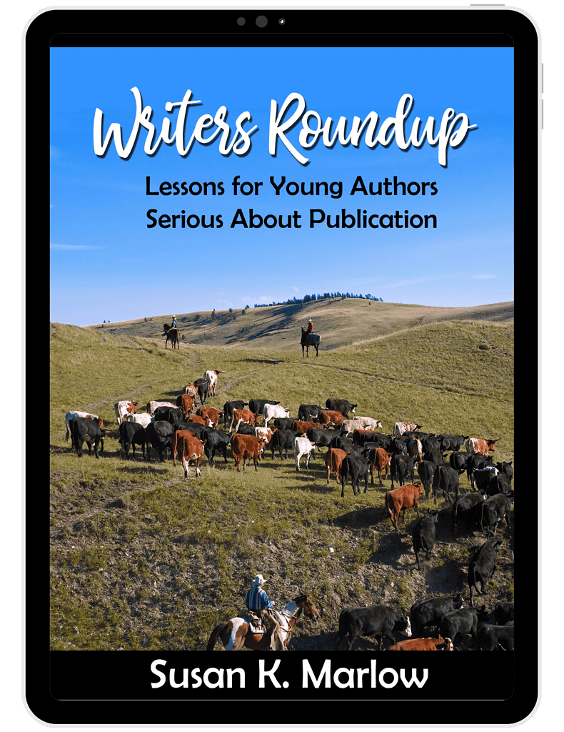 Cover image of a young author riding a horse with a herd of cattle on rolling green hills, promoting homeschool writing lessons for young authors and publication tips.
