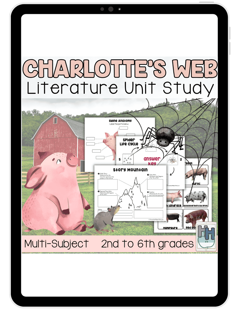 Homeschool literature unit study for Charlotte's Web, suitable for 2nd to 6th grade, includes engaging worksheets and activities for multi-subject homeschool curriculum.