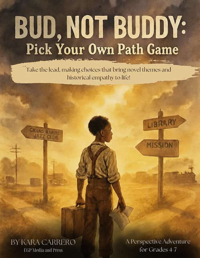 Homeschool Resource Co. promotes 'Bud, Not Buddy' pick your own path game for teaching historical themes and empathy to grades 4-7.
