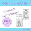 Color by Number homeschool resource co Color by Addition activity sheet celebrating America's 250th birthday, featuring Liberty Bell and Statue of Liberty, ideal for homeschool math and history lessons for grades K-3.