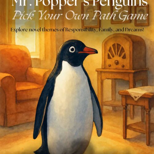Mr. Popper's Penguins Pick Your Own Path Game Cover of Mr. Popper's Penguins book featuring a penguin in a cozy living room setting.