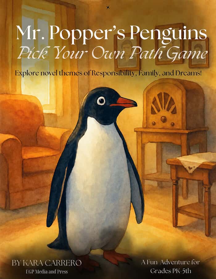 Mr. Popper's Penguins Pick Your Own Path Game Cover of Mr. Popper's Penguins book featuring a penguin in a cozy living room setting.