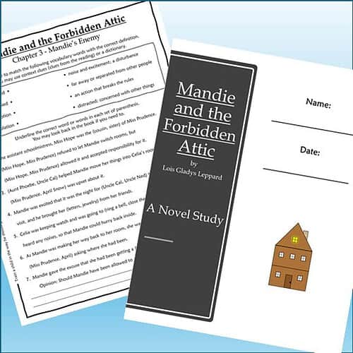 Cover page of 'Mandie and the Forbidden Attic' novel by Lois Gladys Leppard, featuring a black and white design with a small illustration of a house.