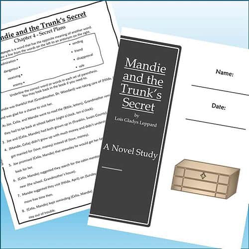 Cover of 'Mandie and the Trunk's Secret' novel by Lois Gladys Leppard, featuring a black and white design with a small illustration of a trunk.