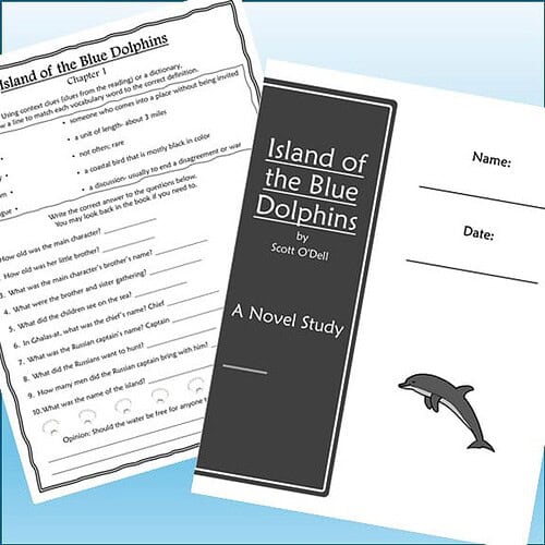Homeschool resource featuring a study guide and a novel titled 'Island of the Blue Dolphins' by Scott O'Dell, ideal for homeschooling educational activities.