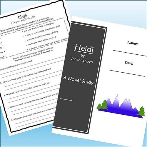 Homeschool resource page featuring a novel study worksheet for 'Heidi' by Johanna Spyri with a mountain and trees illustration.
