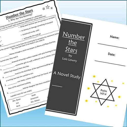 Homeschool resource for 'Number the Stars' by Lois Lowry, featuring study guide and religious-themed illustration with Star of David and Psalm 147:4.