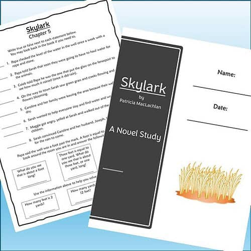 Homeschool educational materials including a chapter worksheet, a black notebook titled 'Skylark by Patricia MacLachlan,' and a wheat illustration for homeschooling activities.