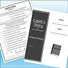Slide1 Homeschool resource materials including a storybook titled 'Caleb's Story' by Patricia MacLachlan, a journal, and a worksheet, arranged on a light blue background.