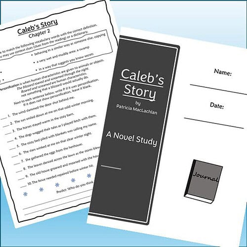 Homeschool resource materials including a storybook titled 'Caleb's Story' by Patricia MacLachlan, a journal, and a worksheet, arranged on a light blue background.
