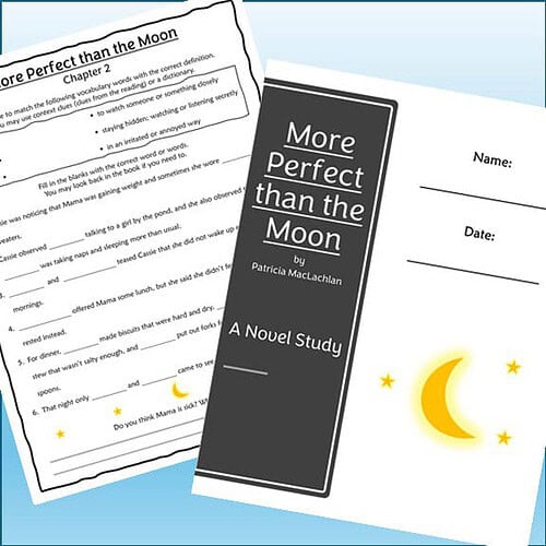 Homeschool resource materials including a book titled 'More Perfect than the Moon' and a worksheet with moon and star illustrations, ideal for homeschooling educational activities.