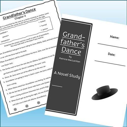Homeschool resource featuring a chapter from 'Grandfather's Dance' by Patricia MacLachlan, including a worksheet and a black hat, ideal for homeschooling activities.