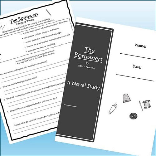 Homeschool resource worksheet for 'The Borrowers' novel study with reading questions and activity icons.