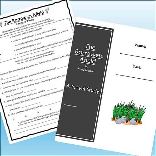 Image of a homeschool reading assignment titled 'The Borrowers Afield' by Mary Norton, featuring a black cover page and a worksheet with questions, set against a light blue background.