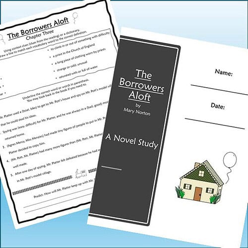 Homeschool resource page featuring 'The Borrowers Aloft' by Mary Norton, with a black cover and a house illustration with a balloon, ideal for homeschooling curriculum.