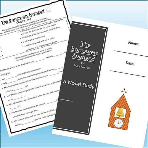 Homeschool resource materials including a novel study and worksheet for 'The Borrowers Avenged' by Mary Norton, designed for homeschooling activities.