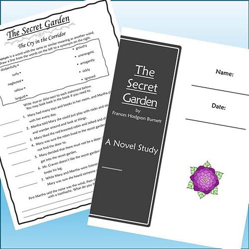 Image of a homeschool worksheet titled 'The Secret Garden' by Frances Hodgson Burnett, featuring a black cover page and a colorful flower illustration.