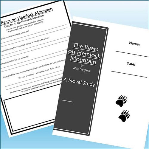Homeschool resource worksheet titled 'The Bears on Hemlock Mountain' by Alice Dalgliesh, featuring reading and comprehension activities for homeschool students.