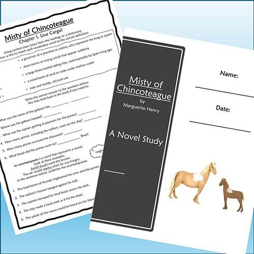 Homeschool resource featuring a study guide for 'Misty of Chincoteague' by Marguerite Henry with illustrations of two horses.