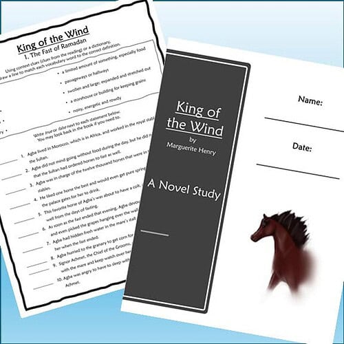 Homeschool resource featuring a study guide for 'King of the Wind' by Marguerite Henry with a horse illustration.