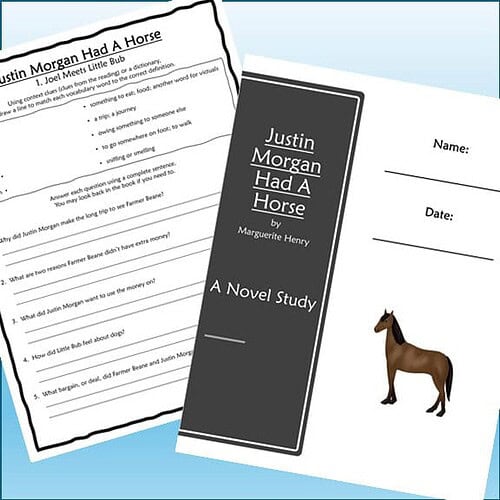 Homeschool resource page for 'Justin Morgan Had A Horse' by Marguerite Henry, featuring a book cover, worksheet, and a horse illustration.