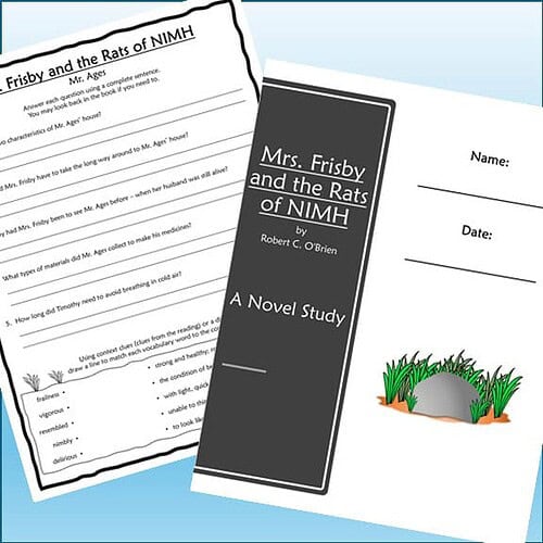 Homeschool resource worksheet for 'Mrs. Frisby and the Rats of NIMH' by Robert C. O'Brien, featuring educational content and a cover page with grass and a rock.